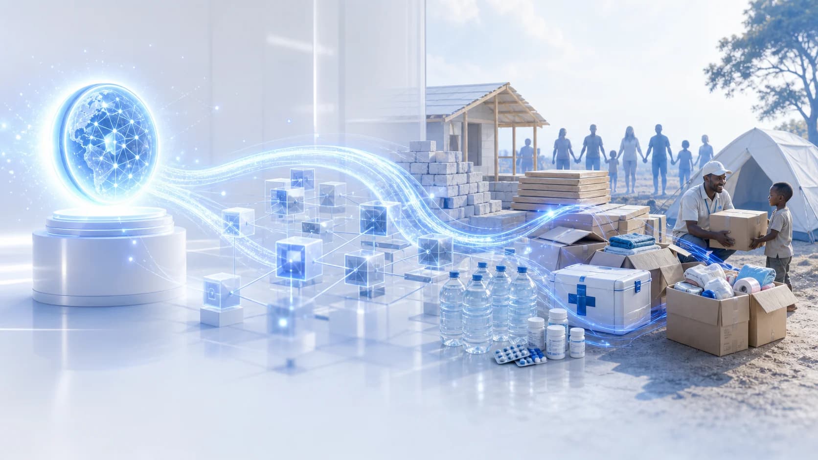 A glowing digital path flowing through blockchain nodes into relief supplies and community support.